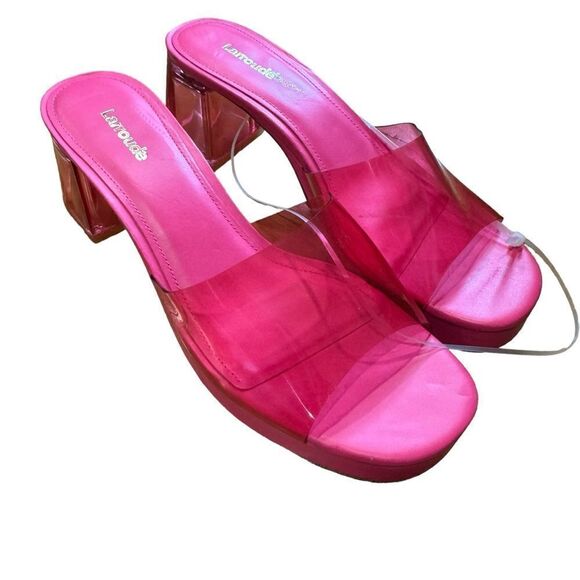Revolve Larroude Jenn Pink Lucite Chunky Block Heel Sandals - Picture 9 of 13